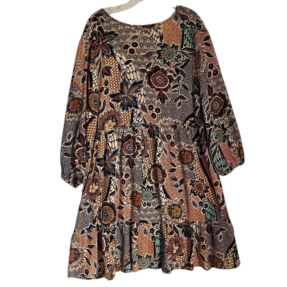 Shirt Dress US 10 Brown Floral V-neck Tiered Knee Length Boho Grunge Western - Picture 3 of 11